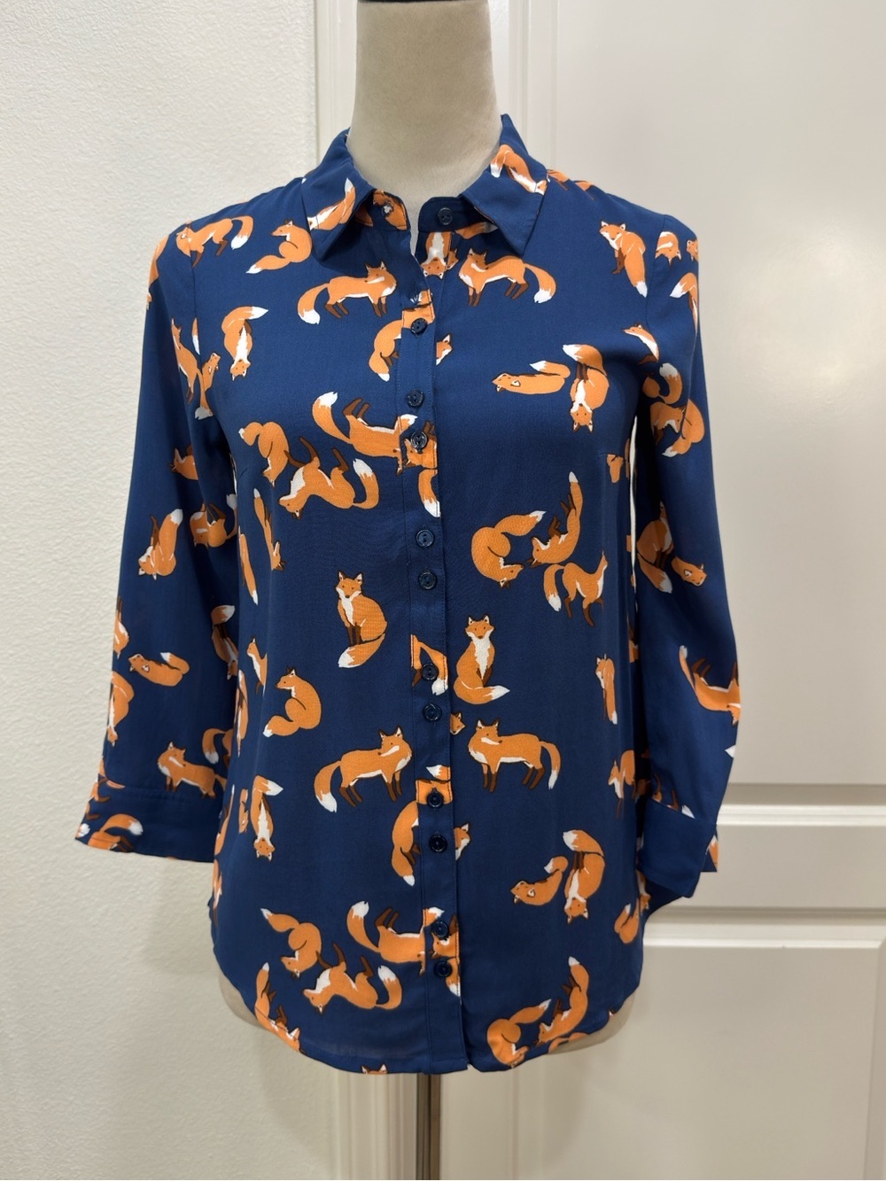 Modcloth Navy and Orange Fox-Print Button-Down Shirt